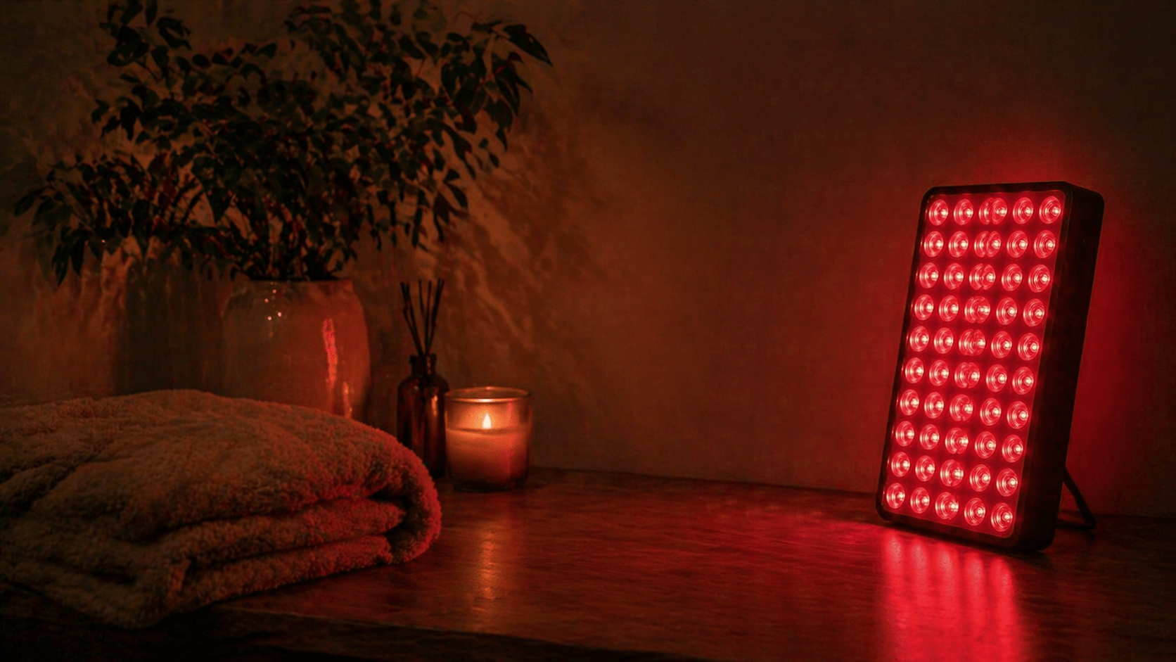 red light therapy background with a red light panel, plants, towel and a candle
