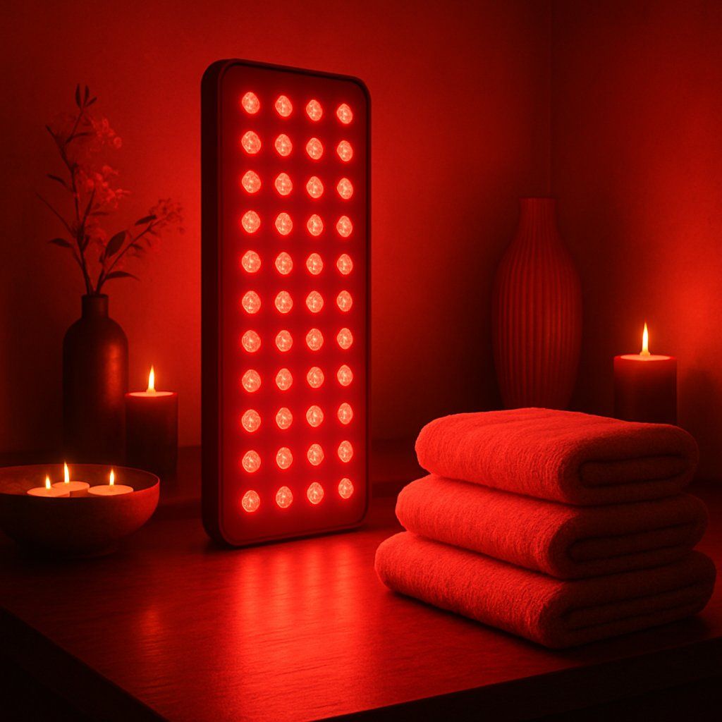 Red Light Panel on a table with 3 towels folded neatly.