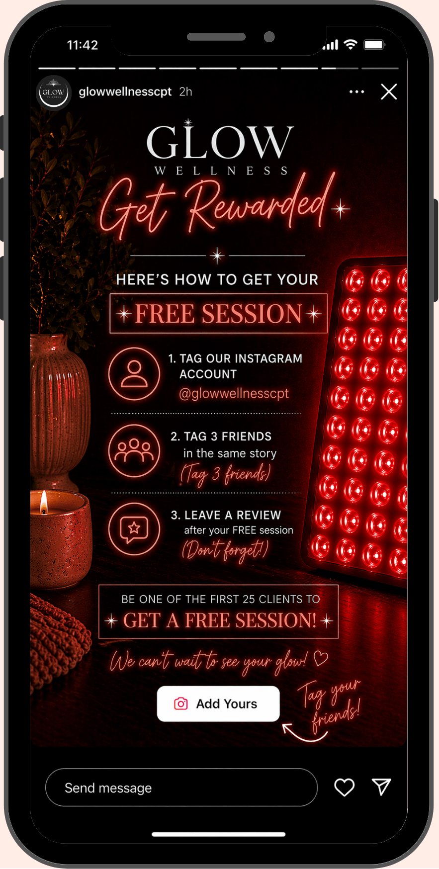 Glow and Get Rewarded Special. Tag us and spread the word about Glow Wellness. Get your free session